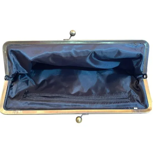 Vintage Black Clutch Gold Frame Kiss Clasp Women's Formal Bag Satin Finish - Picture 11 of 16